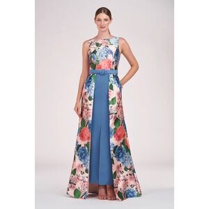 Kay Unger Floral Walk-Thru Maxi Dress Blue Pink Belted Evening Gown size 6